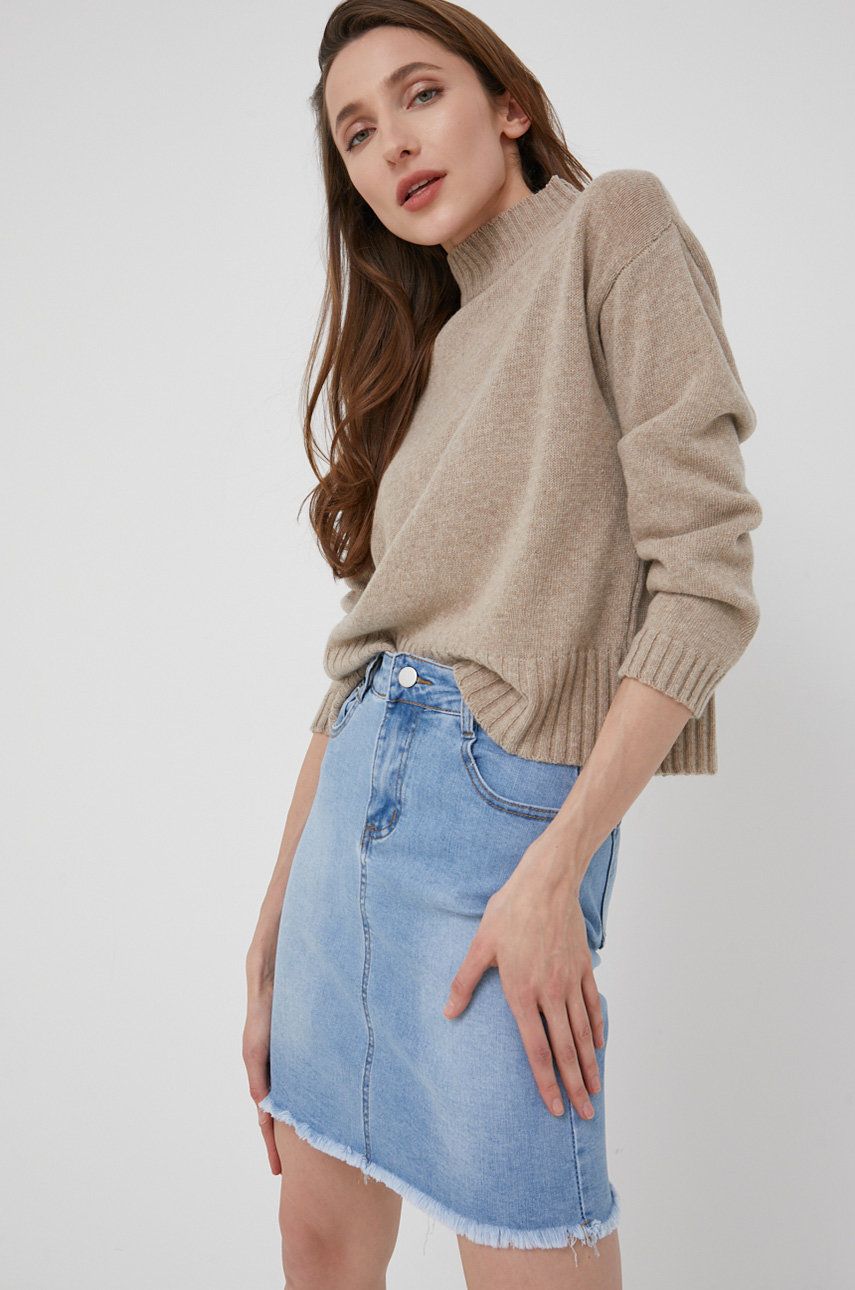 Answear Lab sweter wełniany damski kolor beżowy z półgolfem