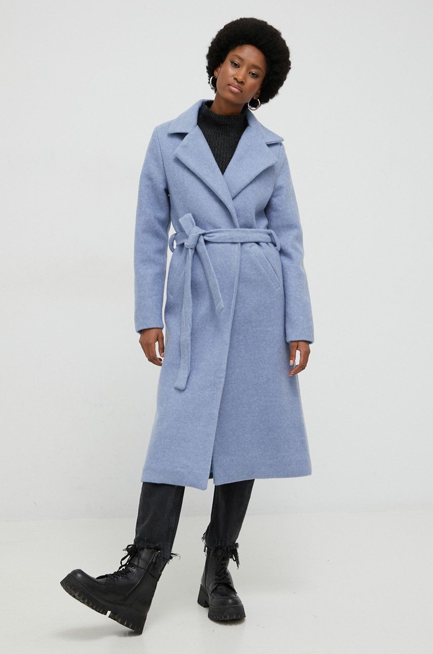 Answear Lab płaszcz z wełną kolor niebieski przejściowy