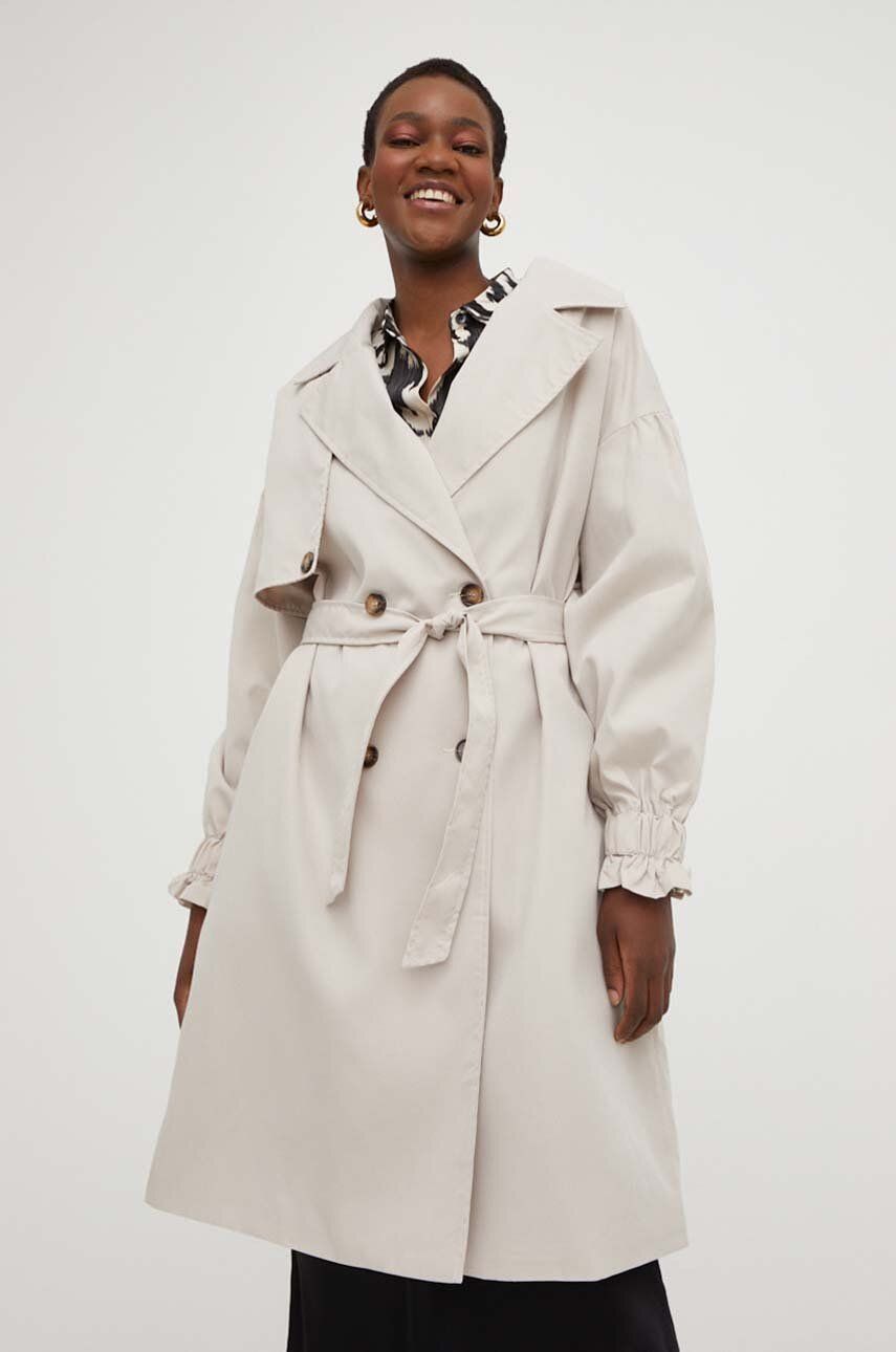 Kabát Answear Lab dámský, béžová barva, přechodný, dvouřadový - béžová -  100 % Polyester