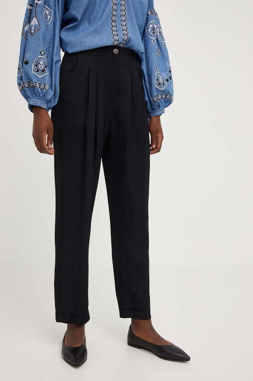 Kalhoty s lněnou směsí Answear Lab černá barva, střih chinos, high waist - černá -  78 % Viskóz