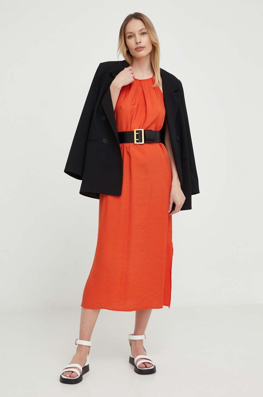 Plátěné šaty Answear Lab oranžová barva, midi - oranžová -  50 % Len