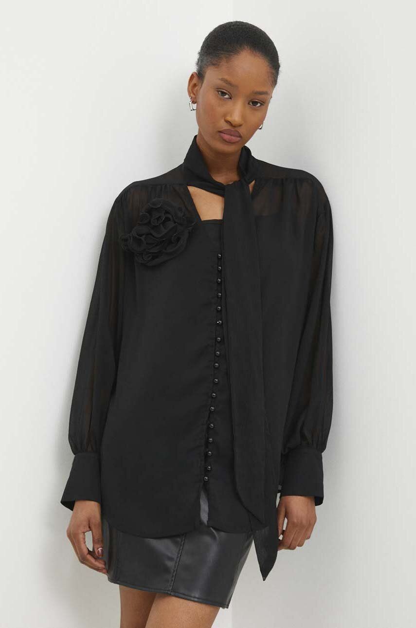 Answear Lab camasa femei, culoarea negru, cu un decolteu legat, relaxed