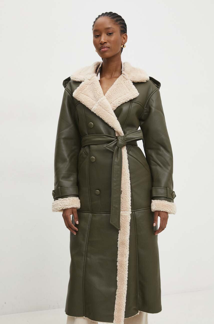 Kabát Answear Lab dámský, zelená barva, přechodný, dvouřadový - zelená - 57 % Polyuretan