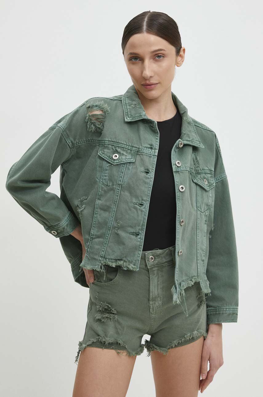 Levně Džínová bunda Answear Lab dámská, zelená barva, přechodná, oversize
