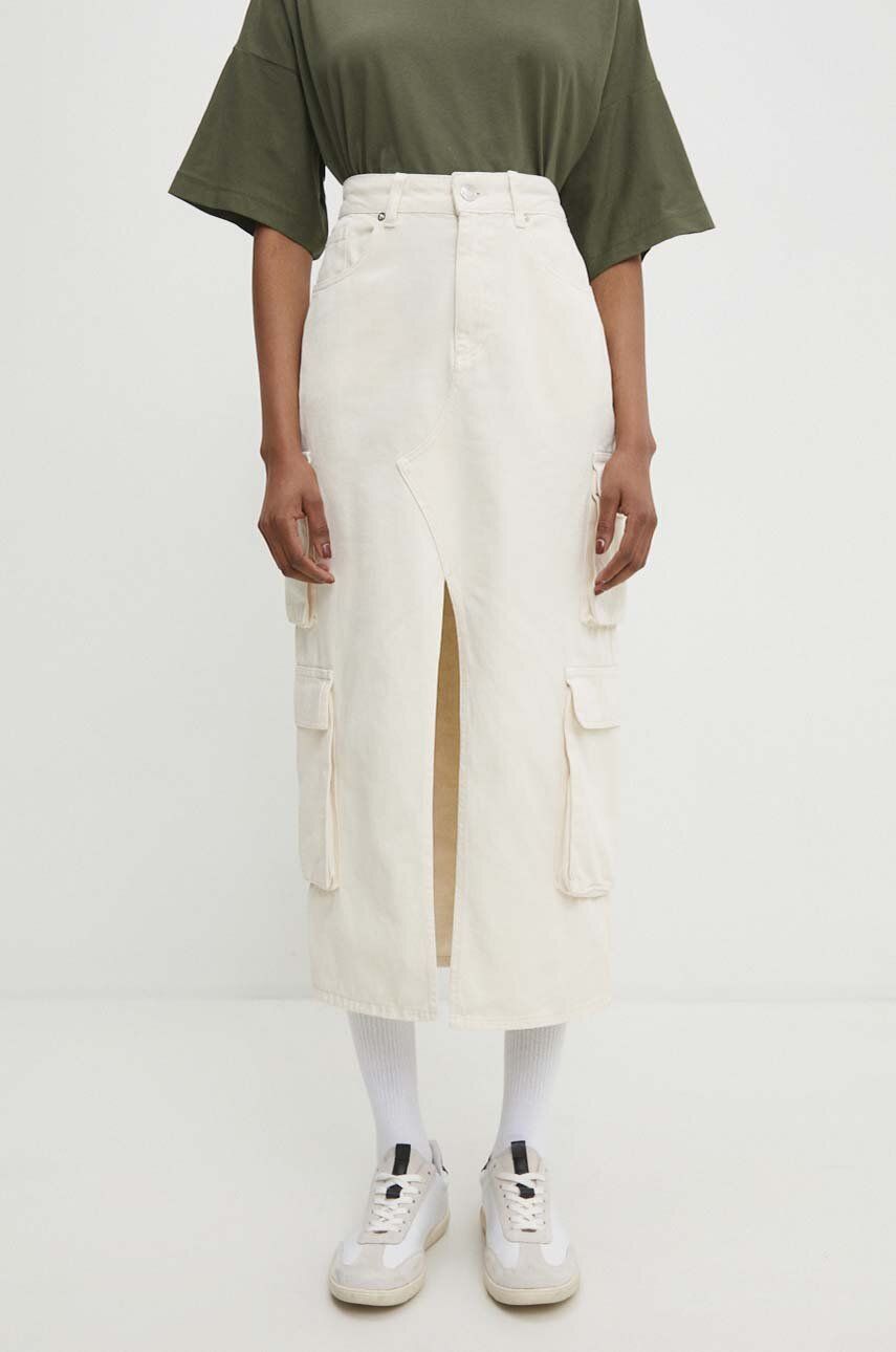 Džínová sukně Answear Lab bílá barva, midi, áčková