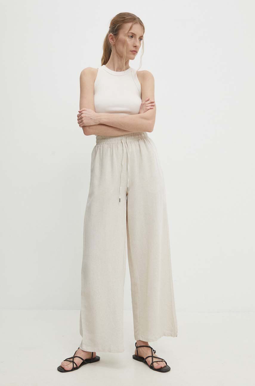 Answear Lab pantaloni din in culoarea bej, drept, high waist