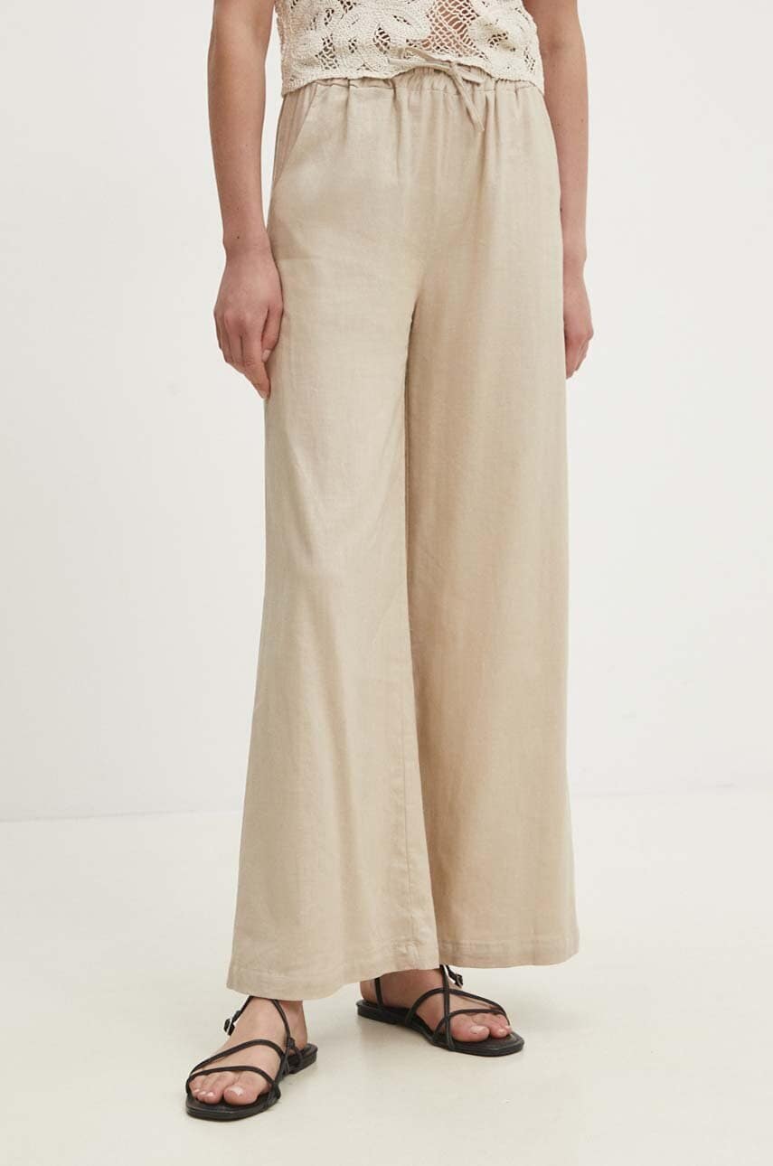 Answear Lab pantaloni din in culoarea bej, lat, high waist