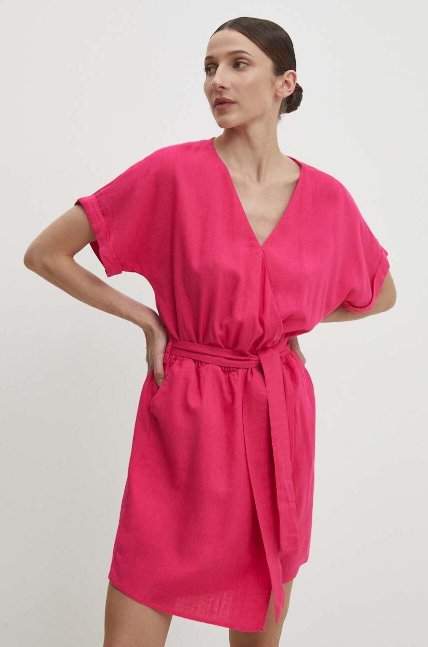 Levně Lněné šaty Answear Lab růžová barva, mini