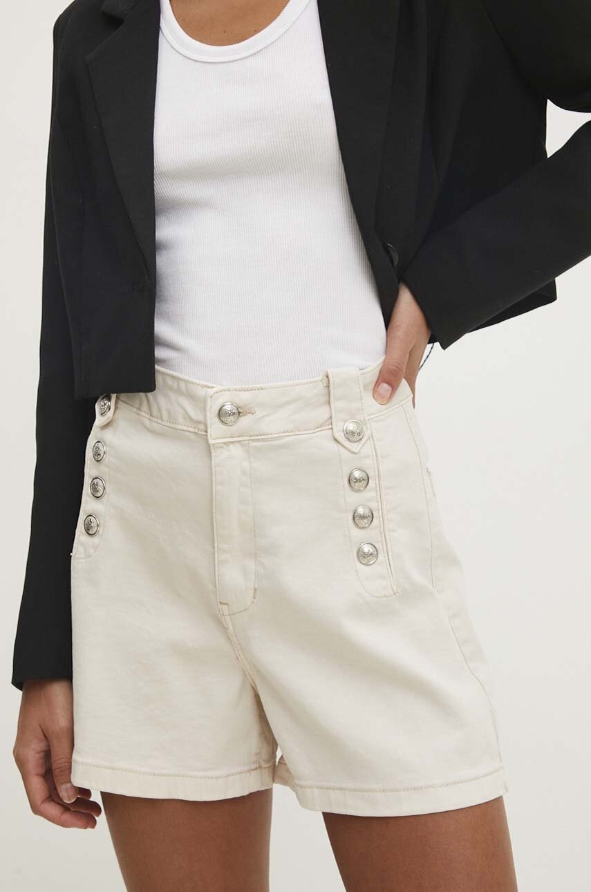 Answear Lab pantaloni scurti jeans femei, culoarea bej, neted, high waist