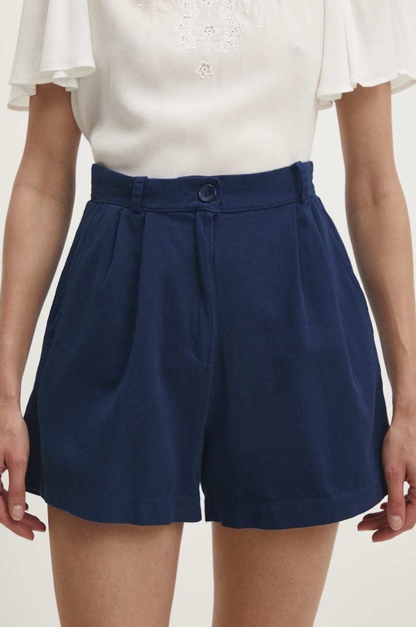 Answear Lab pantaloni scurti din bumbac culoarea albastru marin, neted, high waist