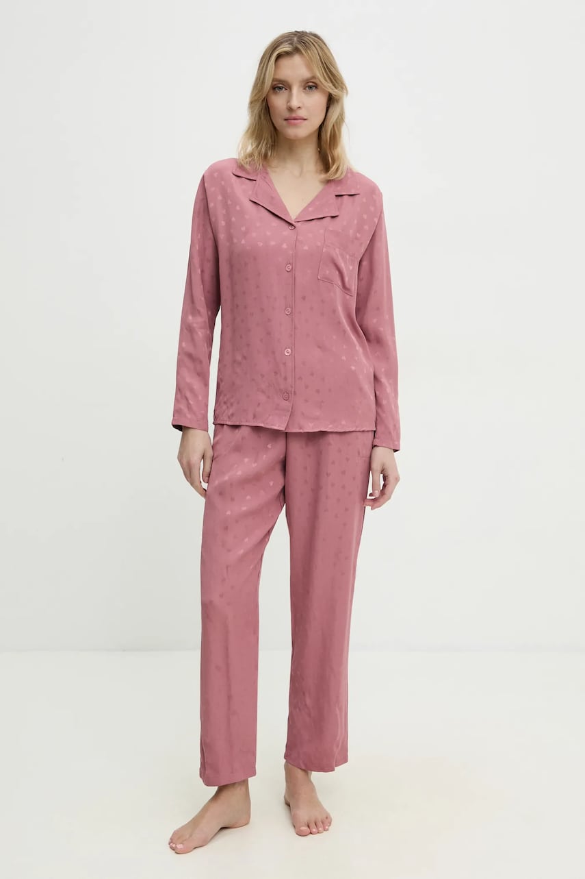 Answear Lab pijama femei, culoarea roz, satin