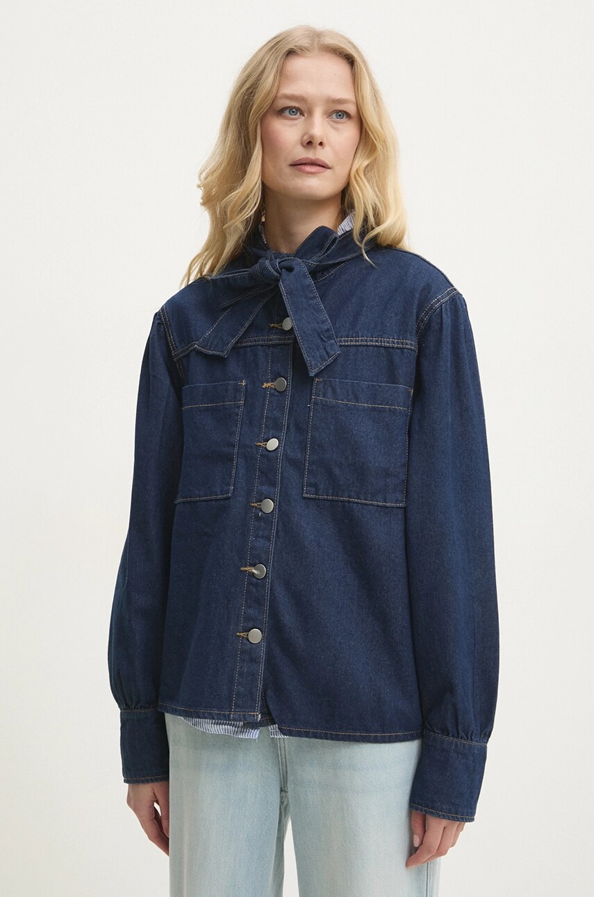 Answear Lab cămașă din denim femei, cu un decolteu legat, regular