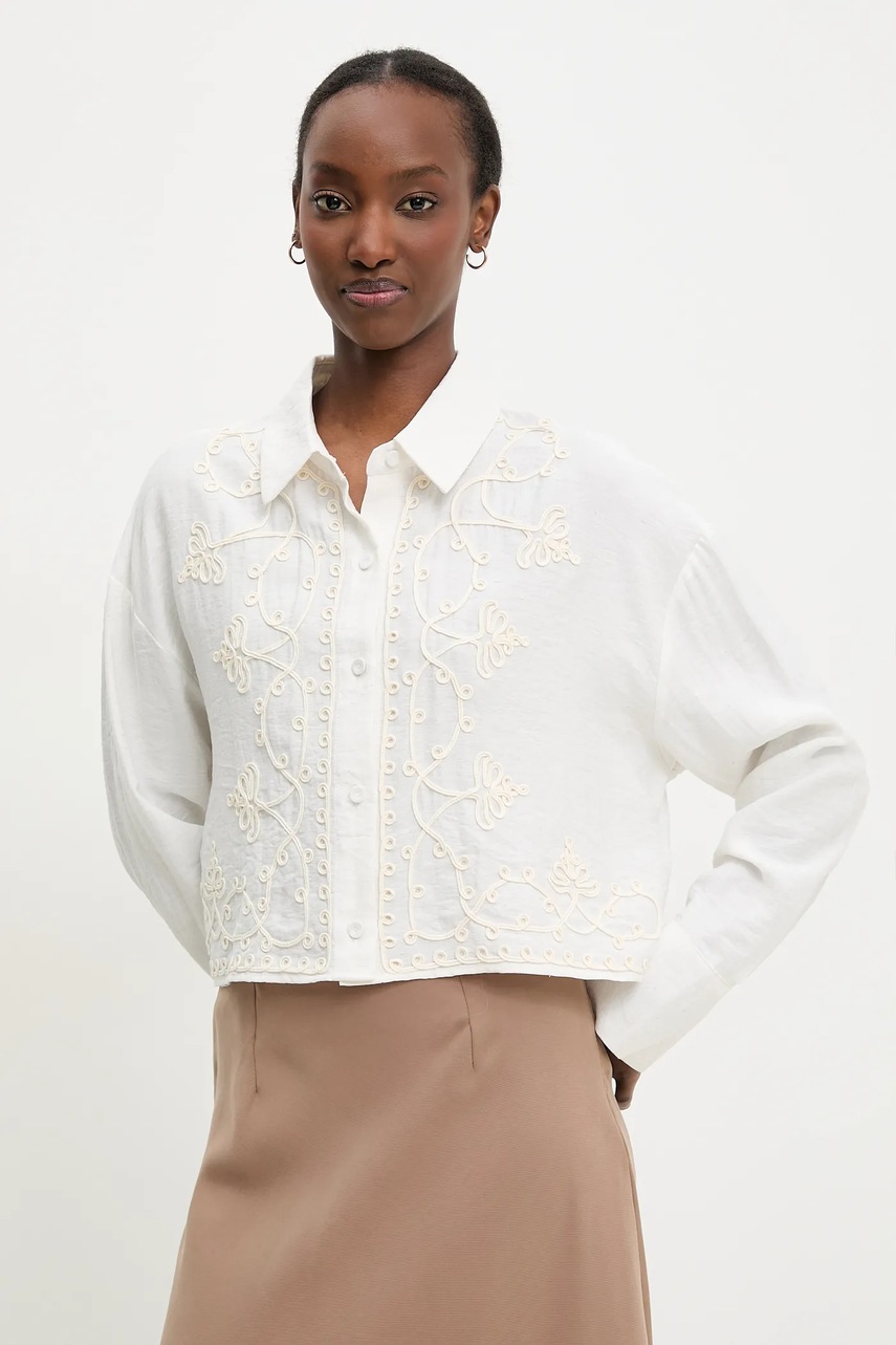 Answear Lab camasa de in femei, culoarea bej, cu guler clasic, relaxed