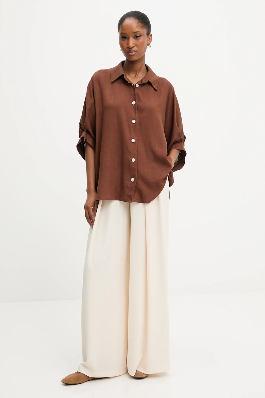 Рубашка со льном Answear.LAB цвет коричневый relaxed классический воротник