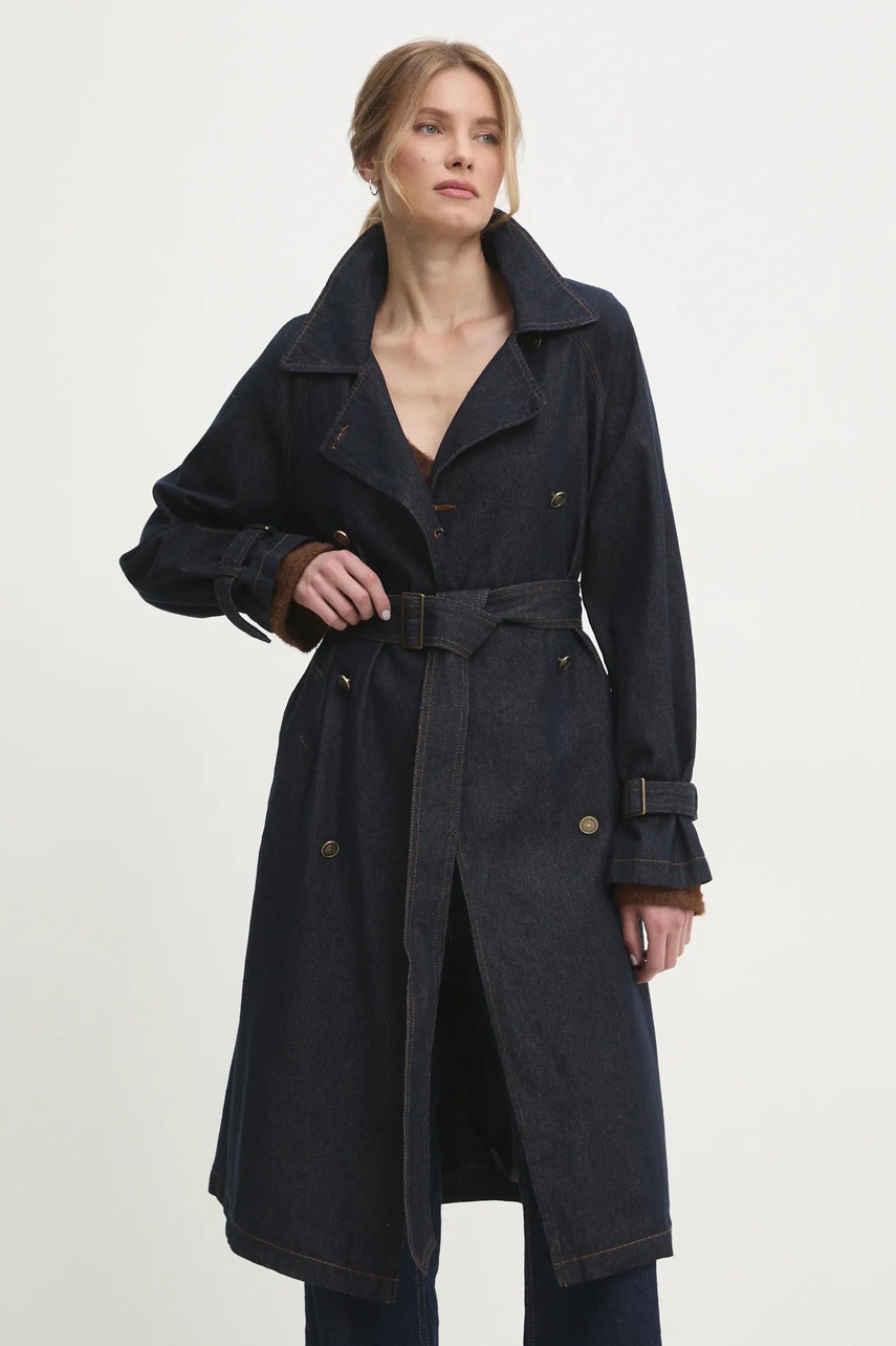 Answear Lab palton jeans femei, culoarea albastru marin, de tranzitie, oversize