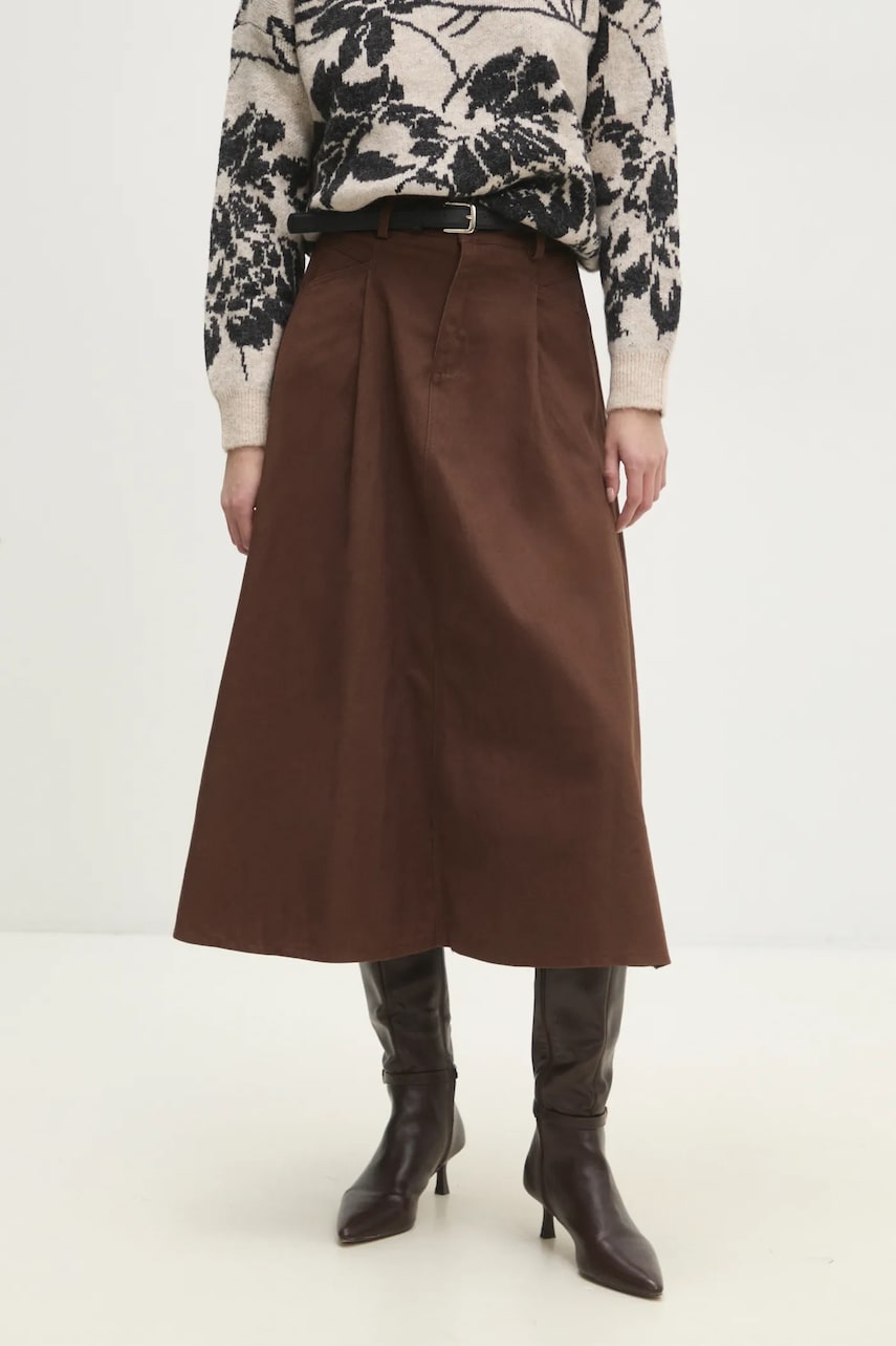 Answear Lab fustă din denim culoarea maro, midi, evazată Answear Lab fustă din denim culoarea maro, midi, evazată