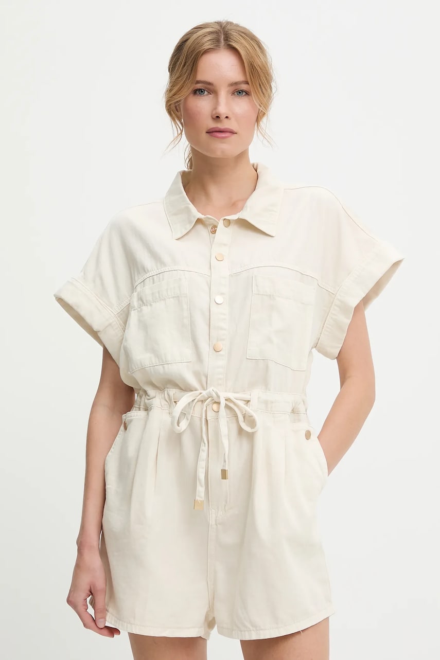 Answear Lab salopeta jeans culoarea bej, bumbac, cu guler