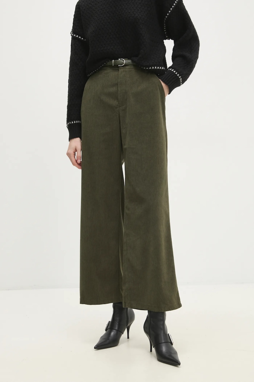 Answear Lab pantaloni de catifea cord culoarea verde, lat, high waist Answear Lab pantaloni de catifea cord culoarea verde, lat, high waist
