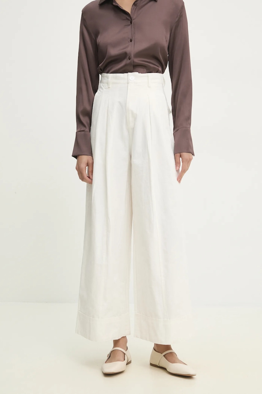 Answear Lab pantaloni de bumbac femei, culoarea alb, lat, high waist