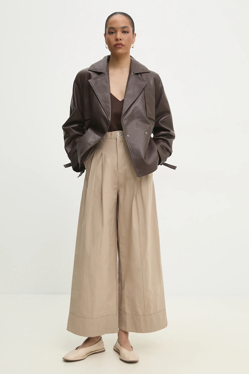 Answear Lab pantaloni de bumbac femei, culoarea bej, lat, high waist