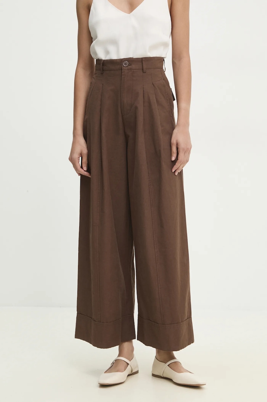 Answear Lab pantaloni de bumbac femei, culoarea maro, lat, high waist