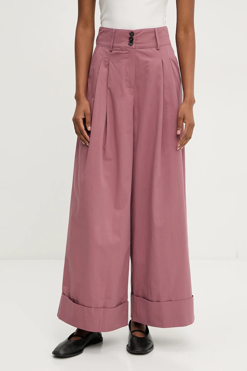 Answear Lab pantaloni de bumbac femei, culoarea roz, drept, high waist