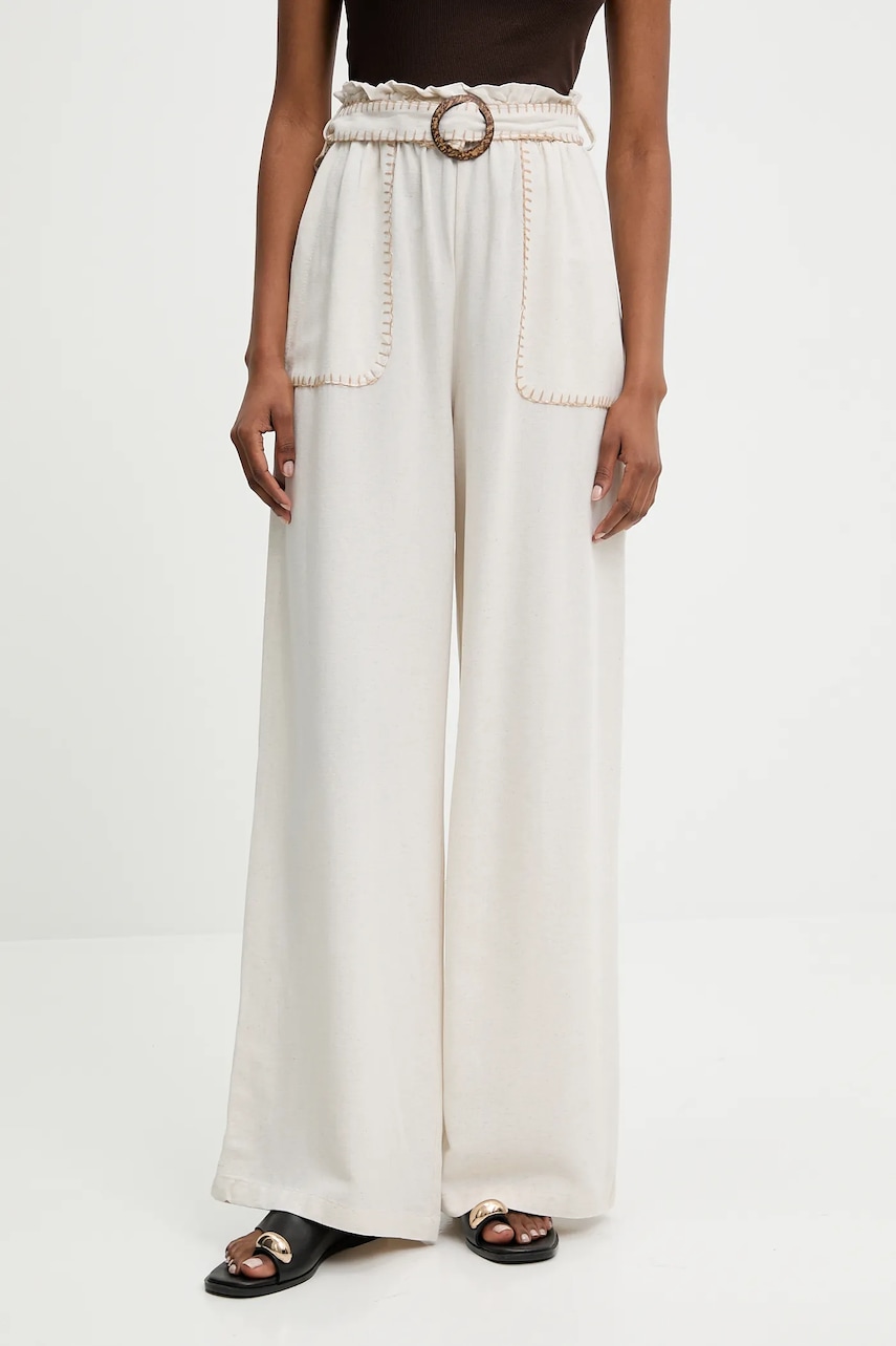 Answear Lab pantaloni din in culoarea bej, lat, high waist