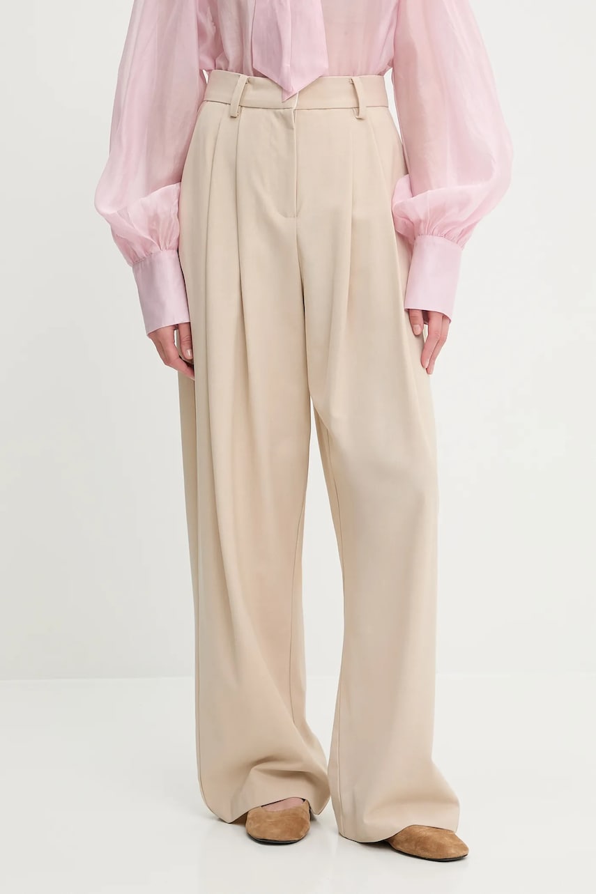 Levně Kalhoty s vlnou Answear Lab dámské, béžová barva, široké, high waist