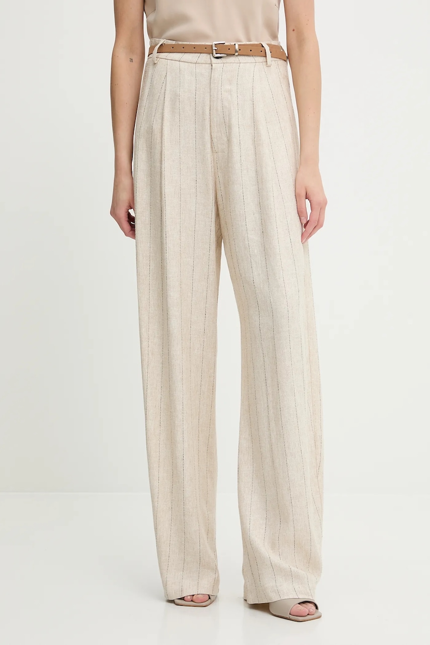 Answear Lab pantaloni din amestec de in culoarea bej, lat, high waist