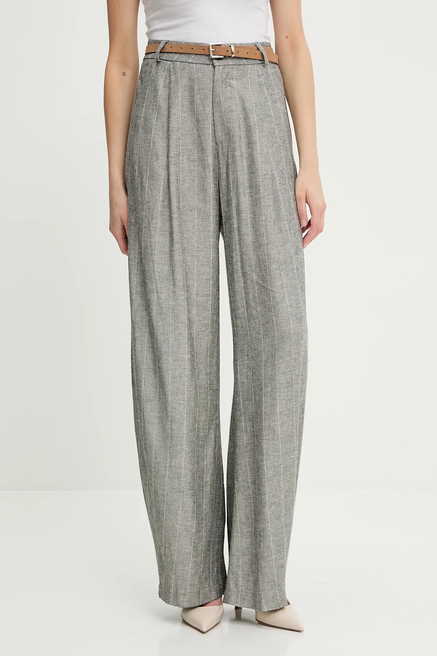 Answear Lab pantaloni din amestec de in culoarea gri, lat, high waist