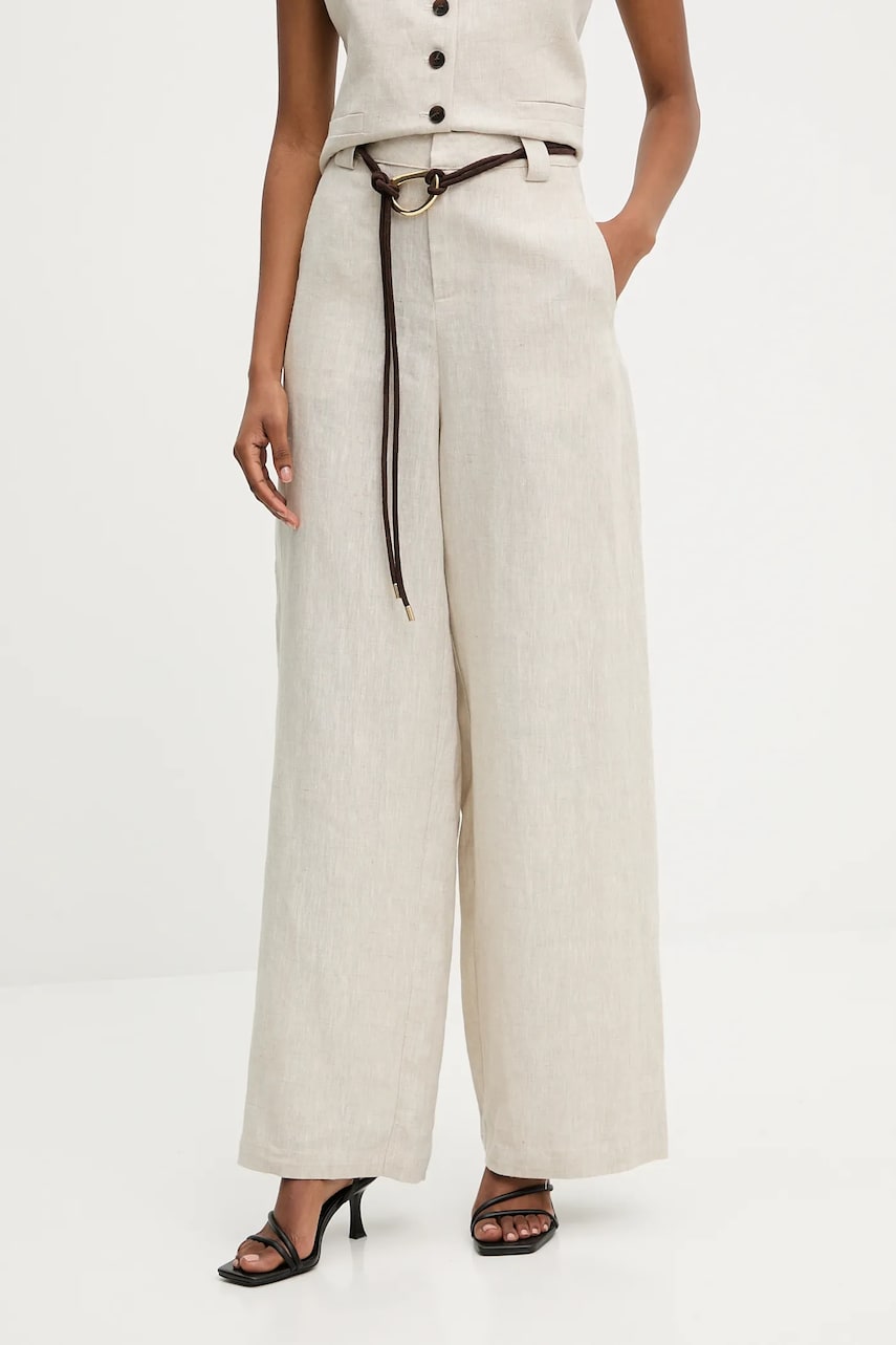 Levně Lněné kalhoty Answear Lab dámské, béžová barva, široké, high waist
