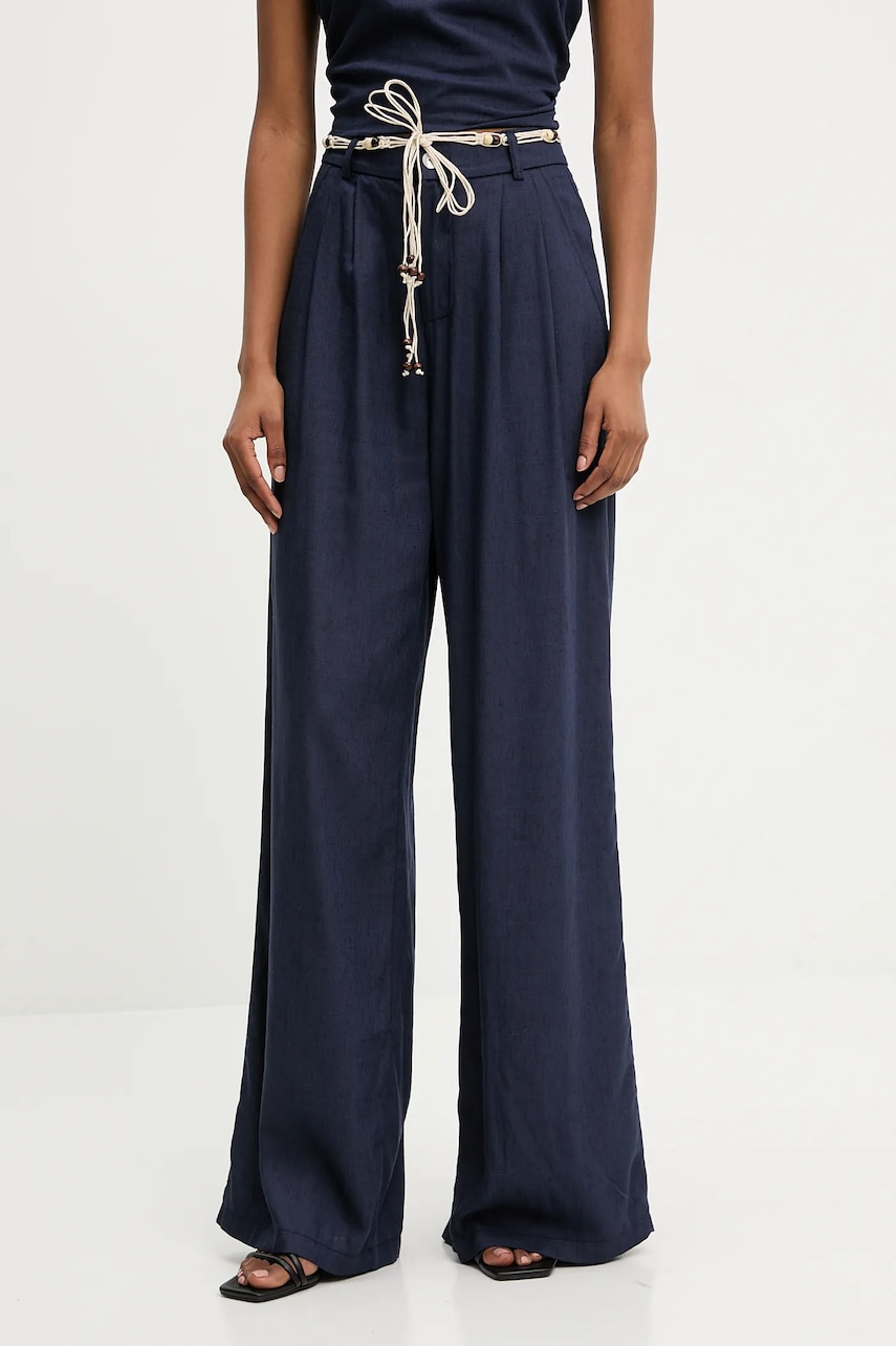 Answear Lab pantaloni din in culoarea albastru marin, lat, high waist