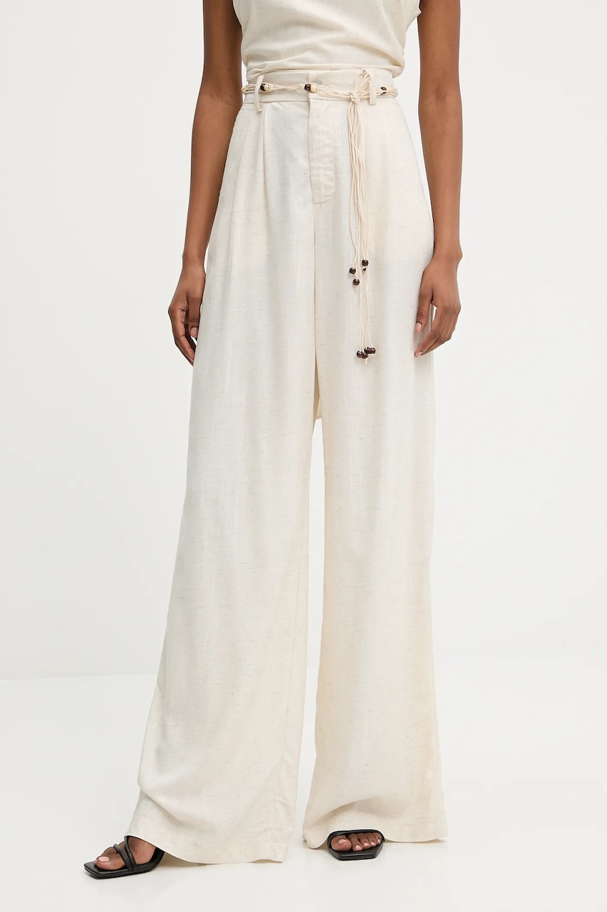 Answear Lab pantaloni din in culoarea bej, lat, high waist