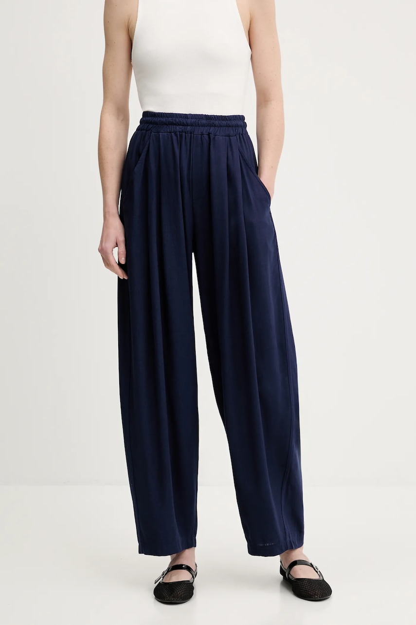 Answear Lab pantaloni din in culoarea albastru marin, drept, high waist