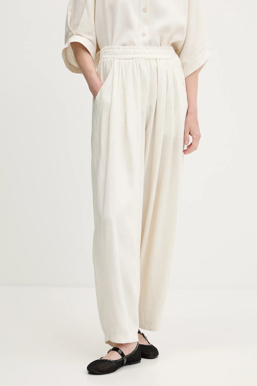 Levně Kalhoty s lněnou směsí Answear Lab dámské, béžová barva, high waist