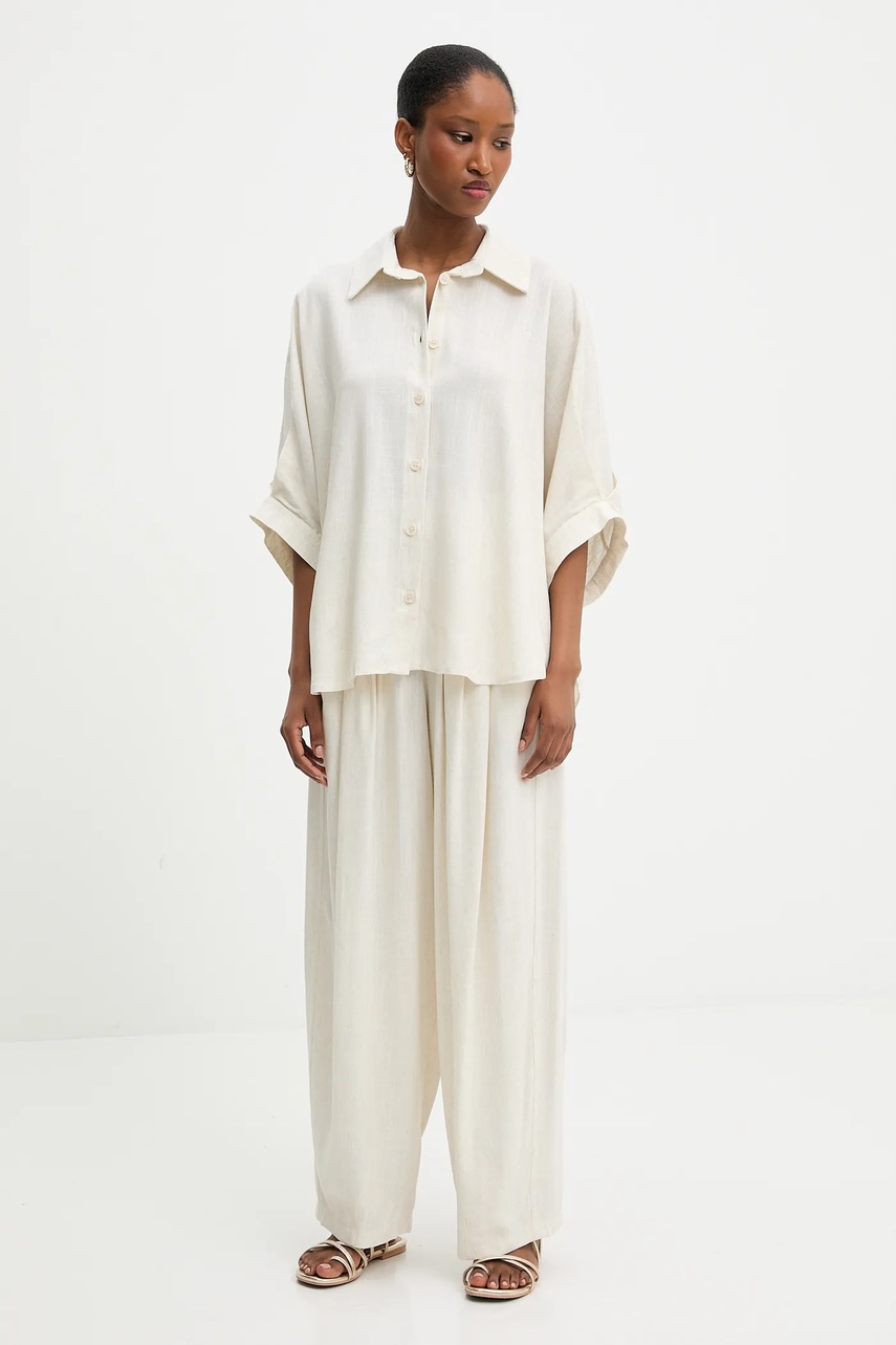 Брюки со льном Answear.LAB цвет бежевый прямая высокая посадка