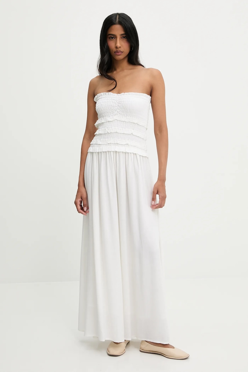 rochie din in culoarea bej, maxi, evazată
