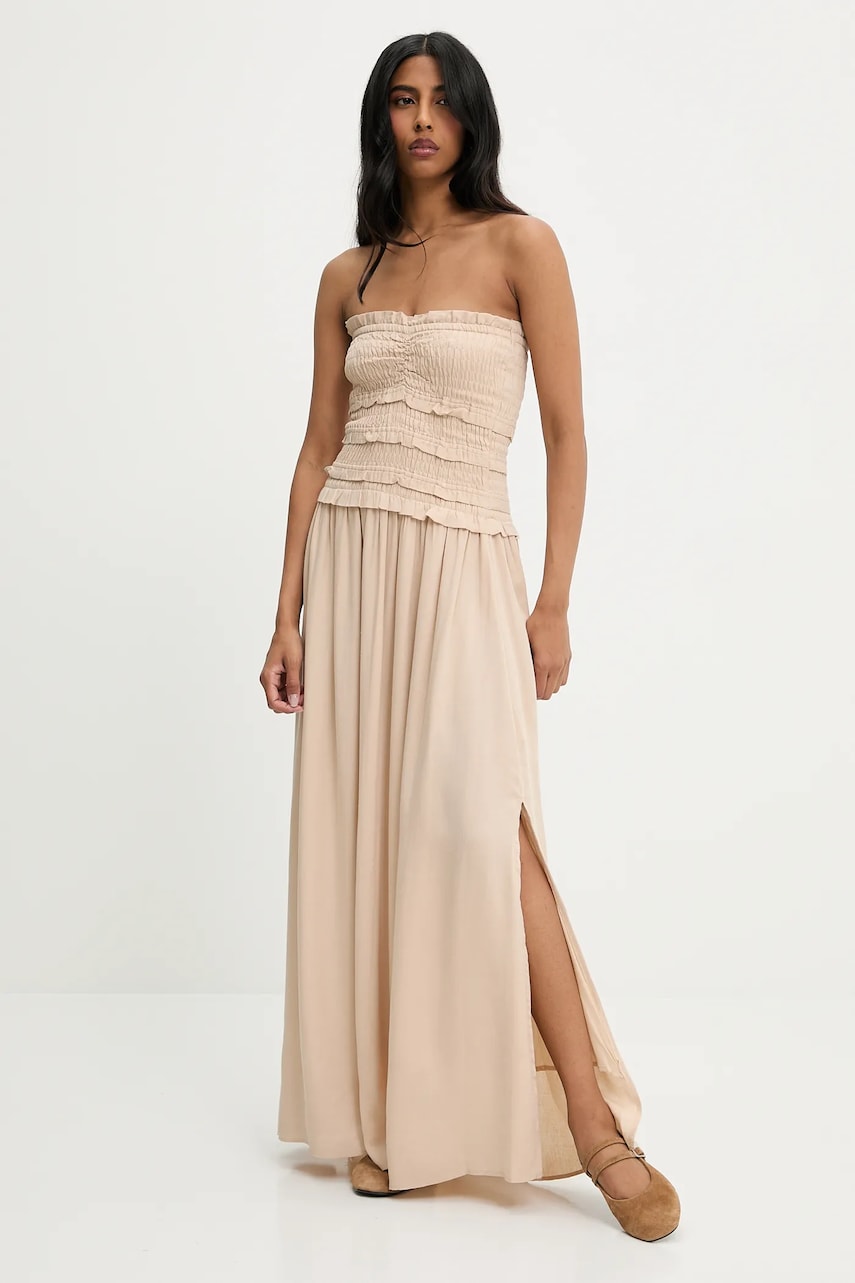 rochie din in culoarea maro, maxi, evazată