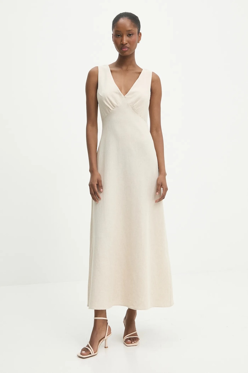 Answear Lab rochie din amestec de in culoarea bej, maxi, evazată