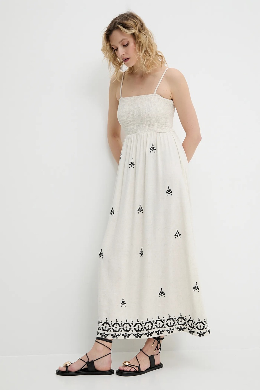 Льняное платье Answear.LAB цвет бежевый midi расклешённая