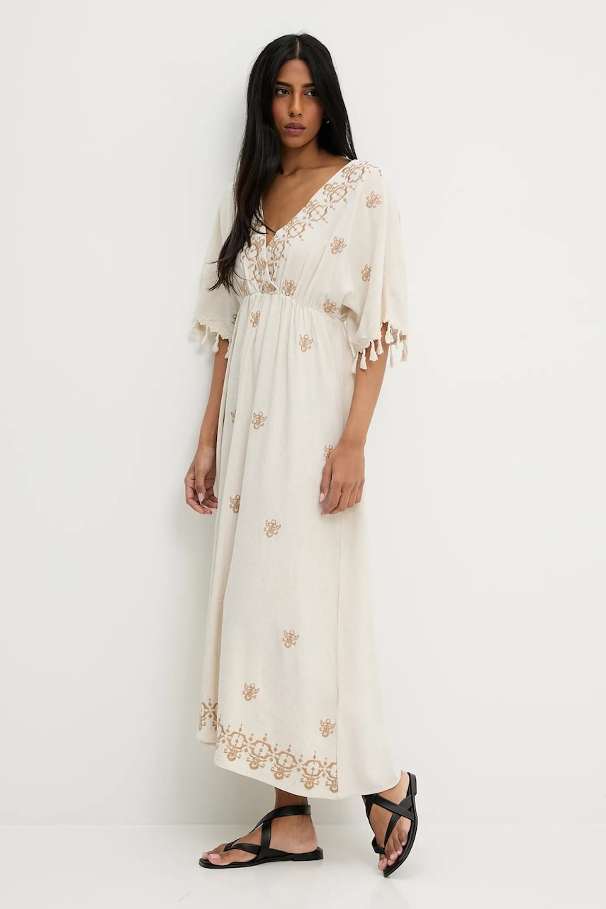 Answear Lab rochie din in culoarea bej, maxi, evazată