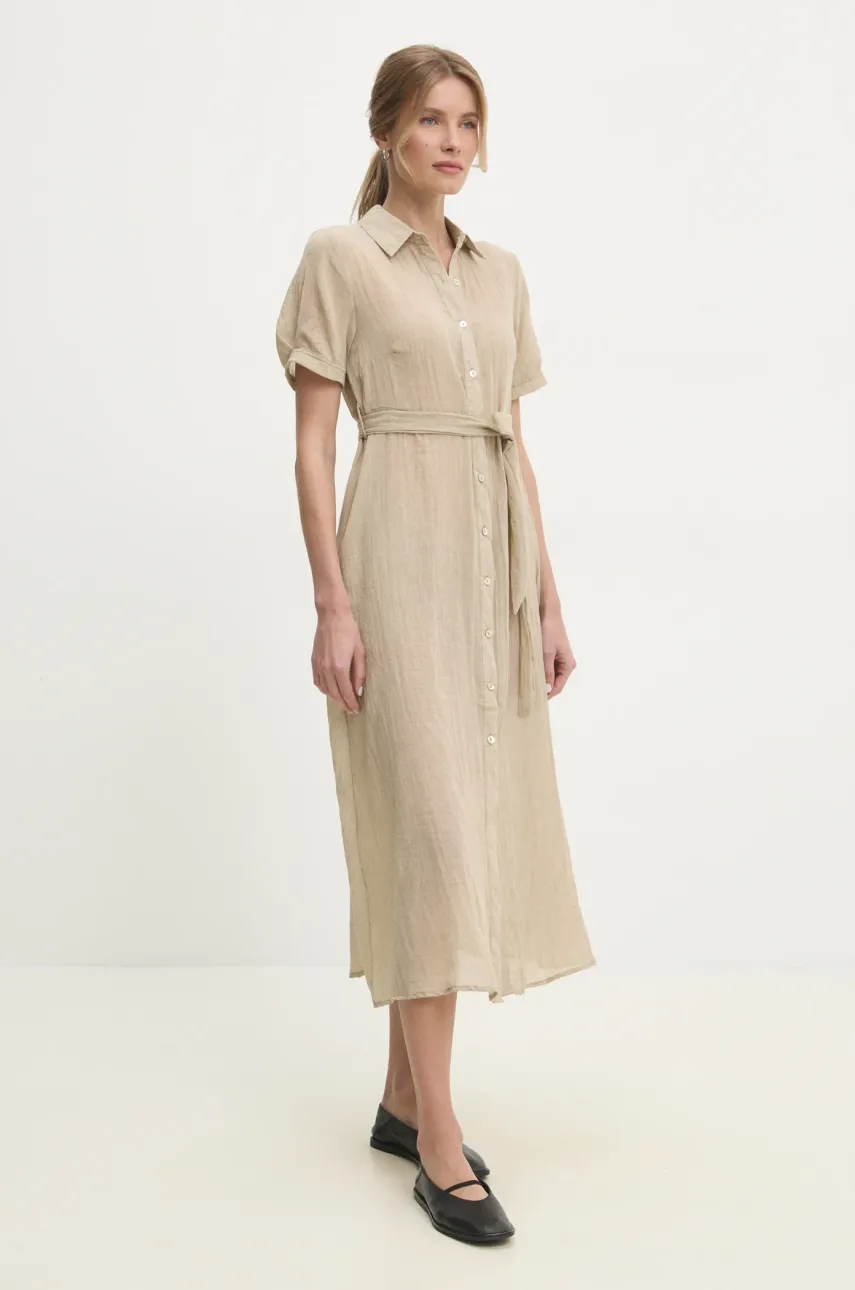 Льняное платье Answear.LAB цвет бежевый maxi расклешённая Льняное платье Answear.LAB цвет бежевый maxi расклешённая
