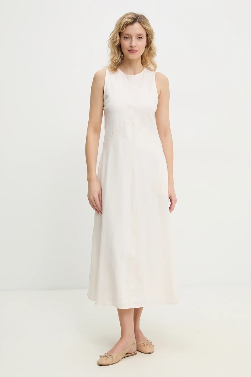Answear Lab rochie din in culoarea bej, midi, evazati Answear Lab rochie din in culoarea bej, midi, evazati