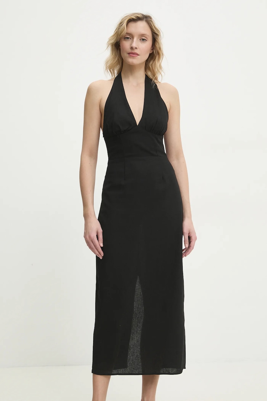 Answear Lab rochie din in culoarea negru, midi, evazată