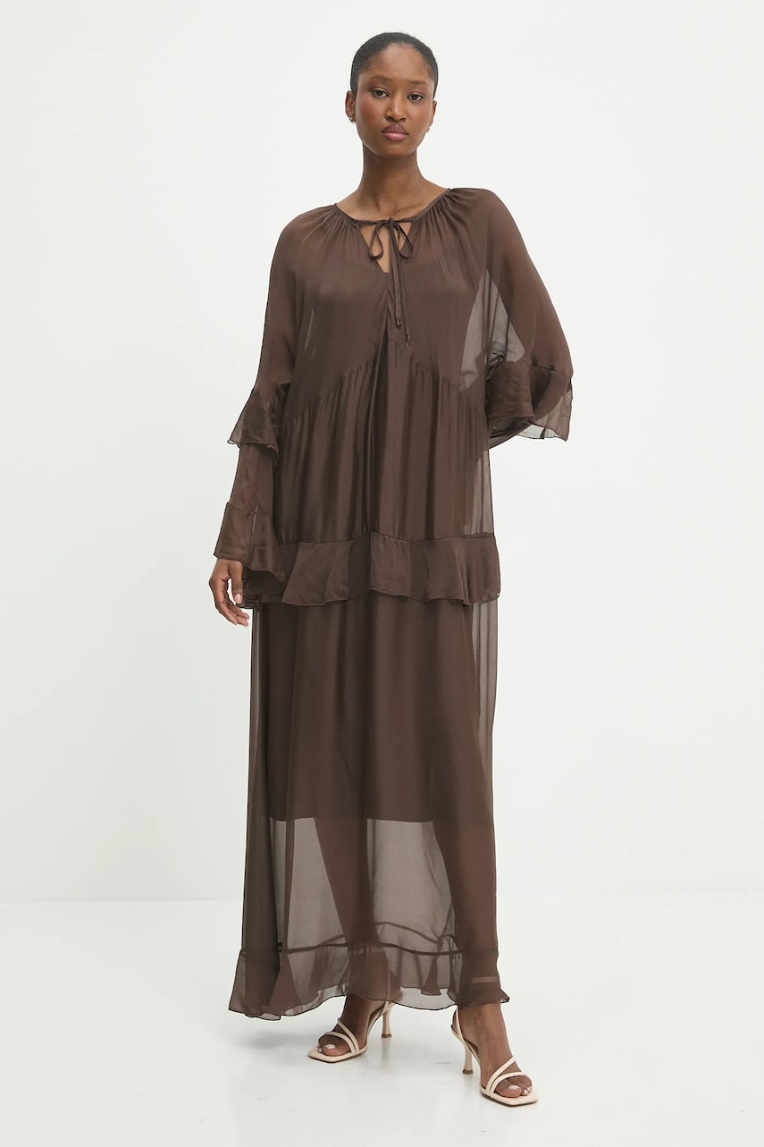 Answear Lab rochie din matase culoarea maro, maxi, evazata
