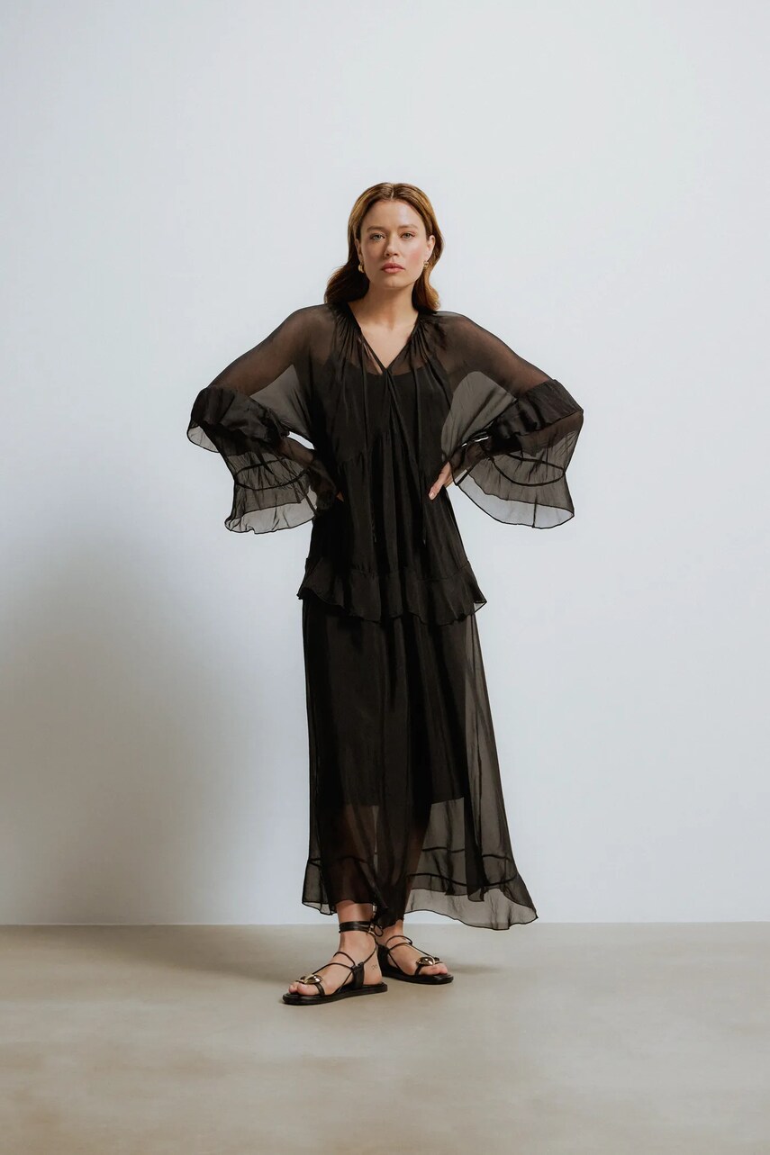 Answear Lab rochie din matase culoarea negru, maxi, evazata