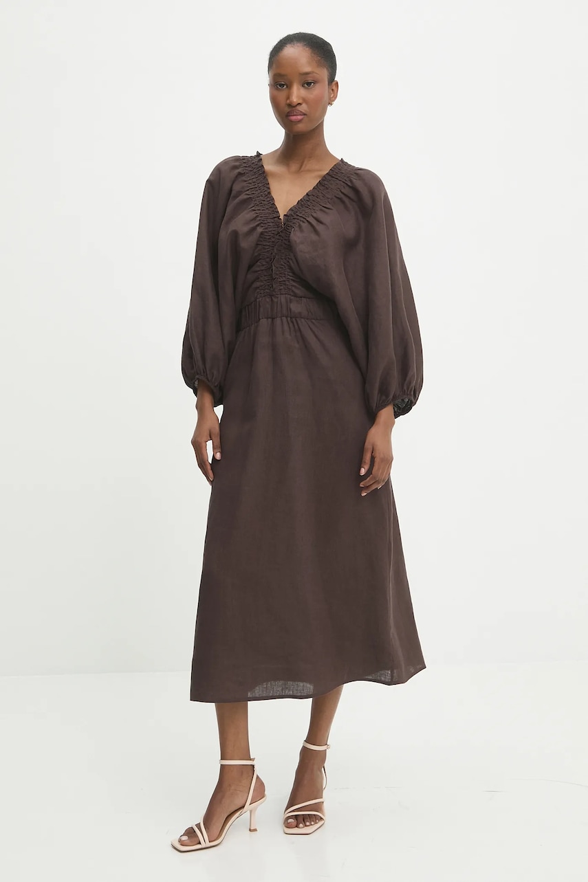 Answear Lab rochie din in culoarea maro, midi, evazată