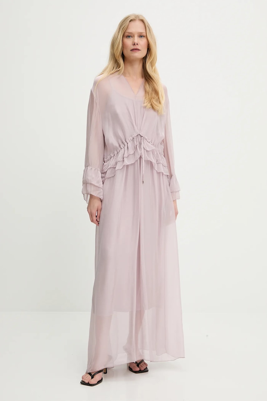 Answear Lab rochie din mătase culoarea roz, maxi, evazată