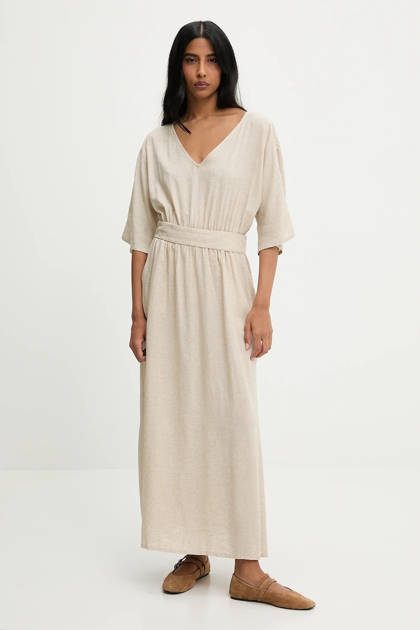 Answear Lab rochie din amestec de in culoarea bej, maxi, evazată