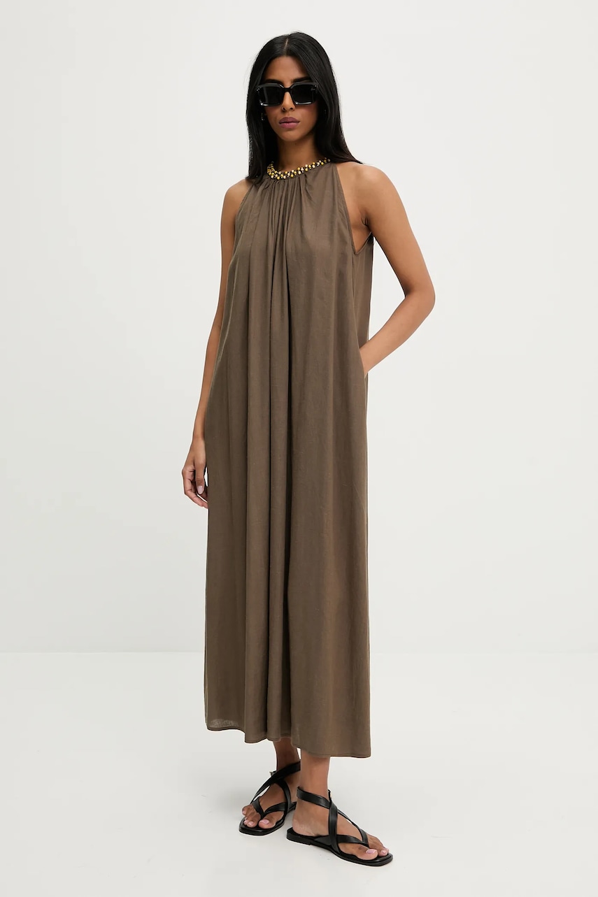 Answear Lab rochie din in culoarea verde, maxi, evazată